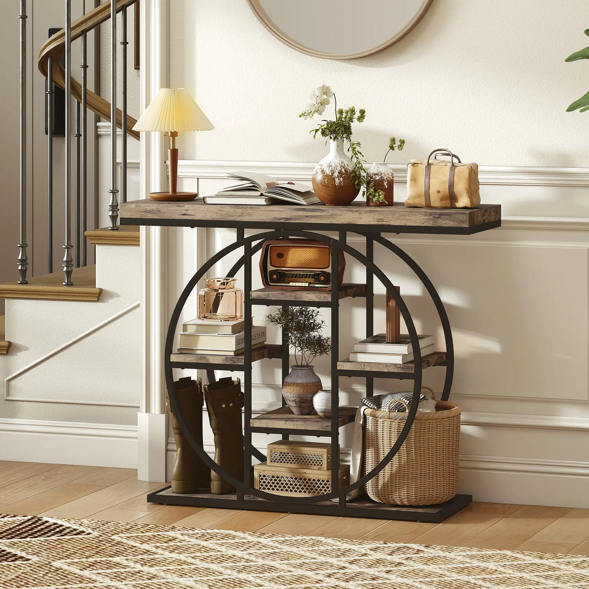 HOMCOM Industrial Console Table with Storage Shelves - Rustic Brown