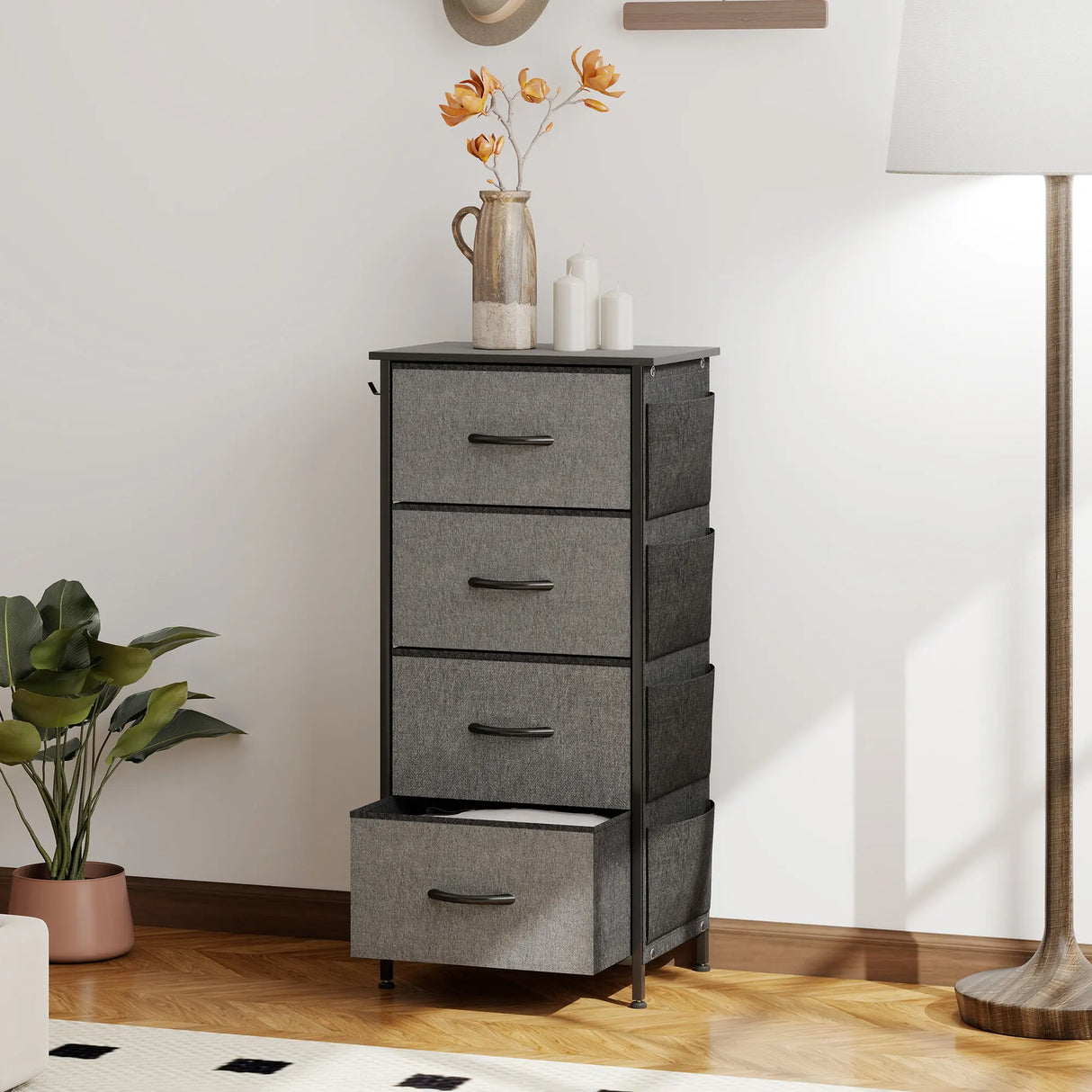 HOMCOM Chest of Four Fabric Drawers - Charcoal Grey
