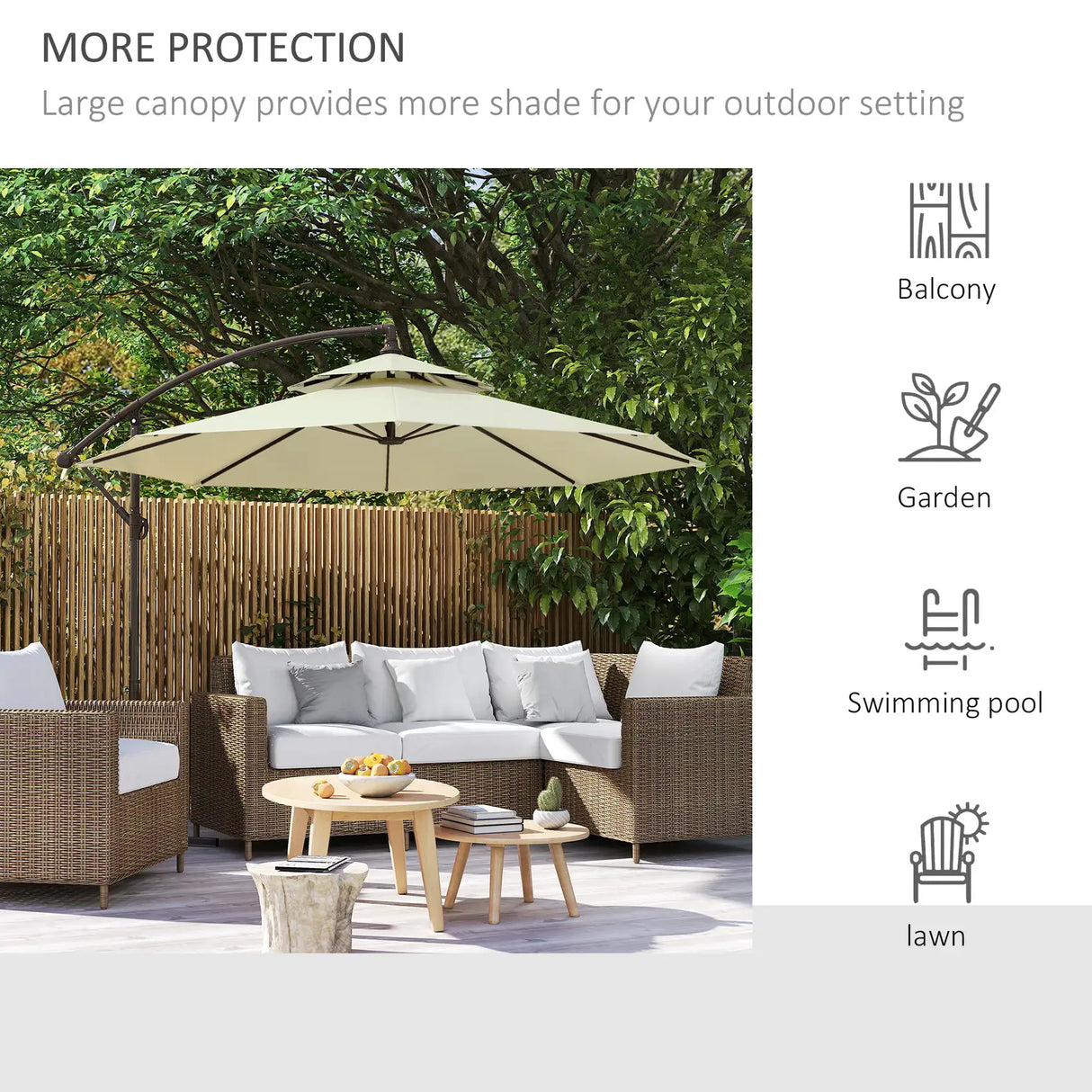 Outsunny 2.7m Garden Banana Parasol Cantilever Umbrella with Crank Handle, Double Tier Canopy and Cross Base for Outdoor, Hanging Sun Shade, Beige
