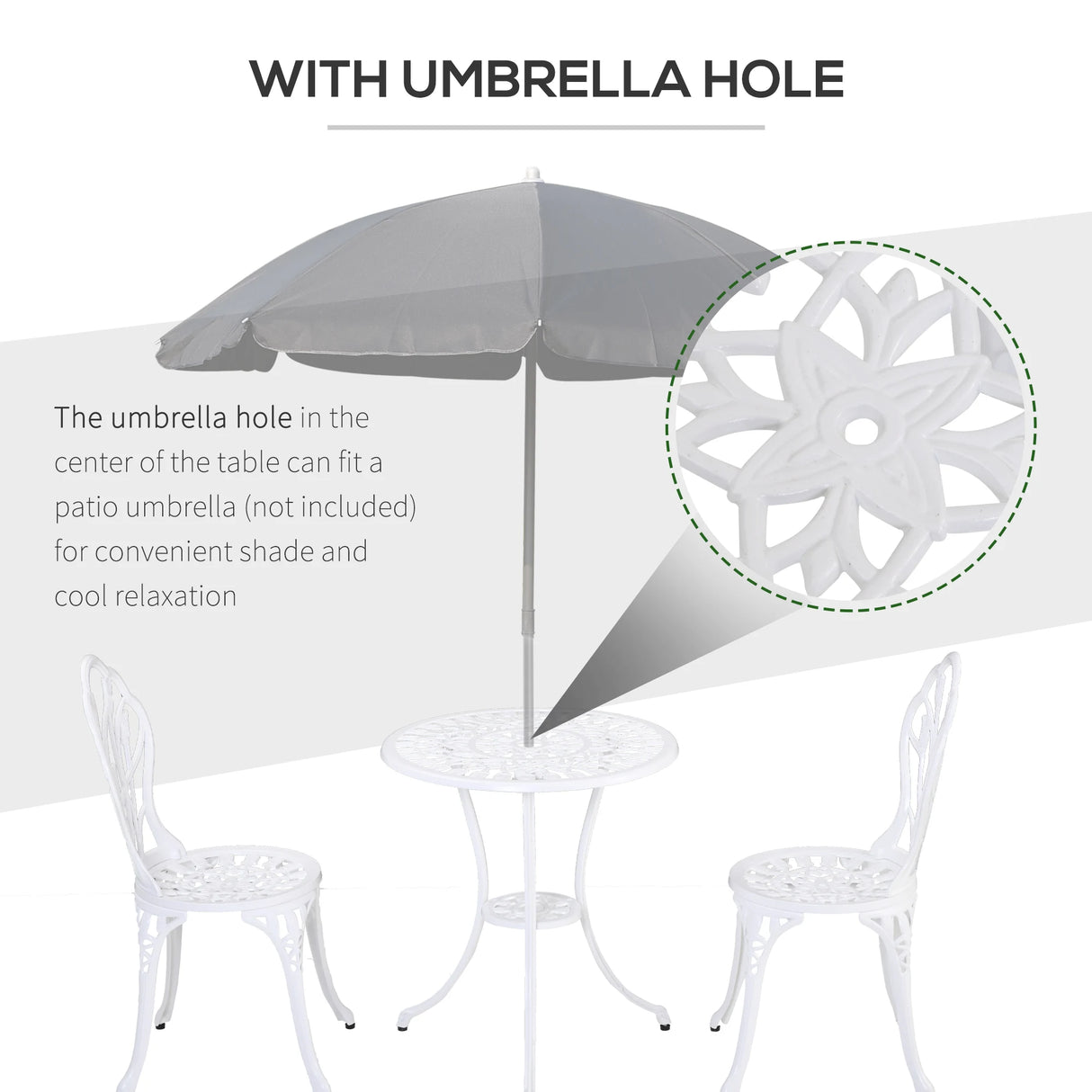 Outsunny 3 Piece Patio Bistro Set for 2, Outdoor Aluminium Garden Table and Chairs with Umbrella Hole for Balcony, White
