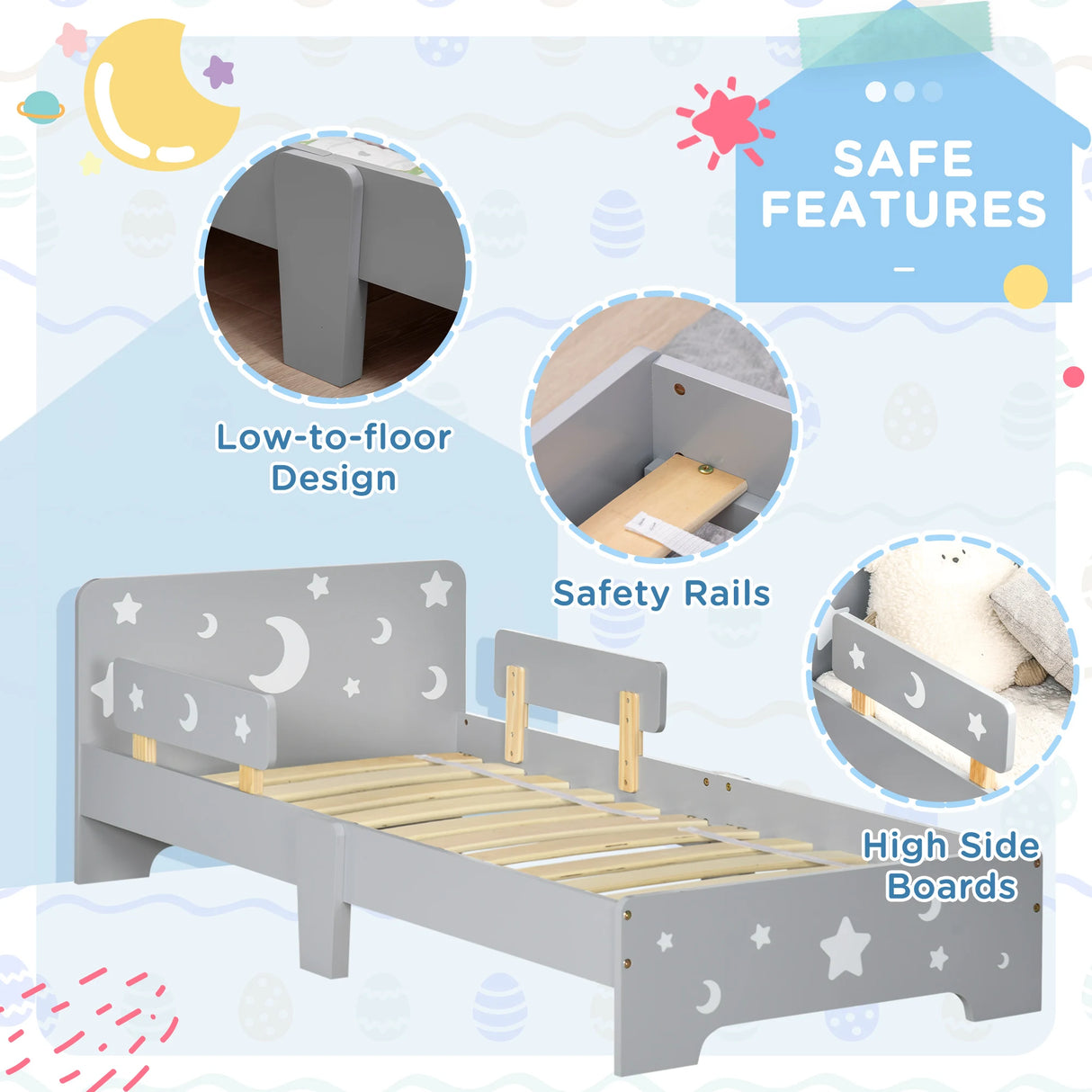 ZONEKIZ Kids Toddler Bed, with Star and Moon Patterns, Side Rails, for Ages 3-6 Years - Grey