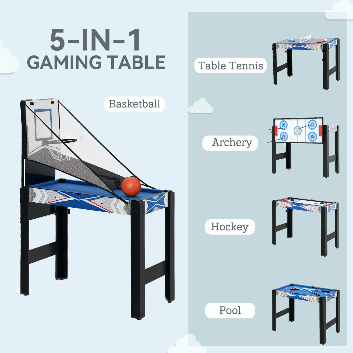 SPORTNOW 5-in-1 Multi Games Table, with Pool, Table Tennis, Basketball, Hockey, Archery, Blue