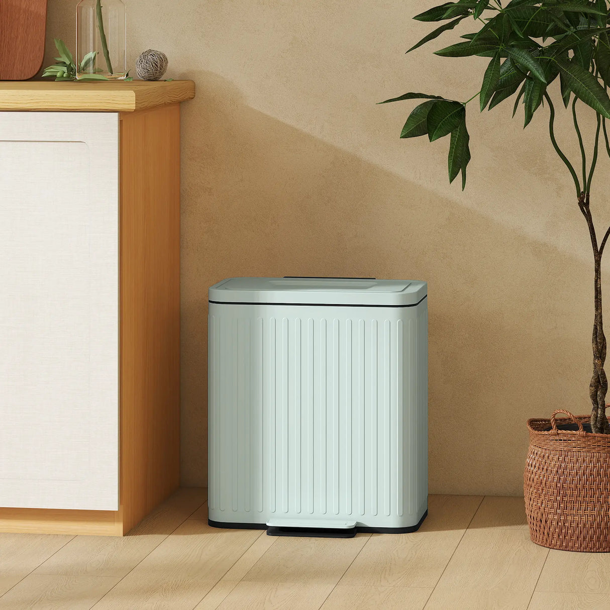 HOMCOM Dual Kitchen Bin, 2 x 20L Double Bin for Recycling and Waste, Fingerprint-proof Pedal Bin with Soft-Close Lid, Removable Inner Buckets, Green