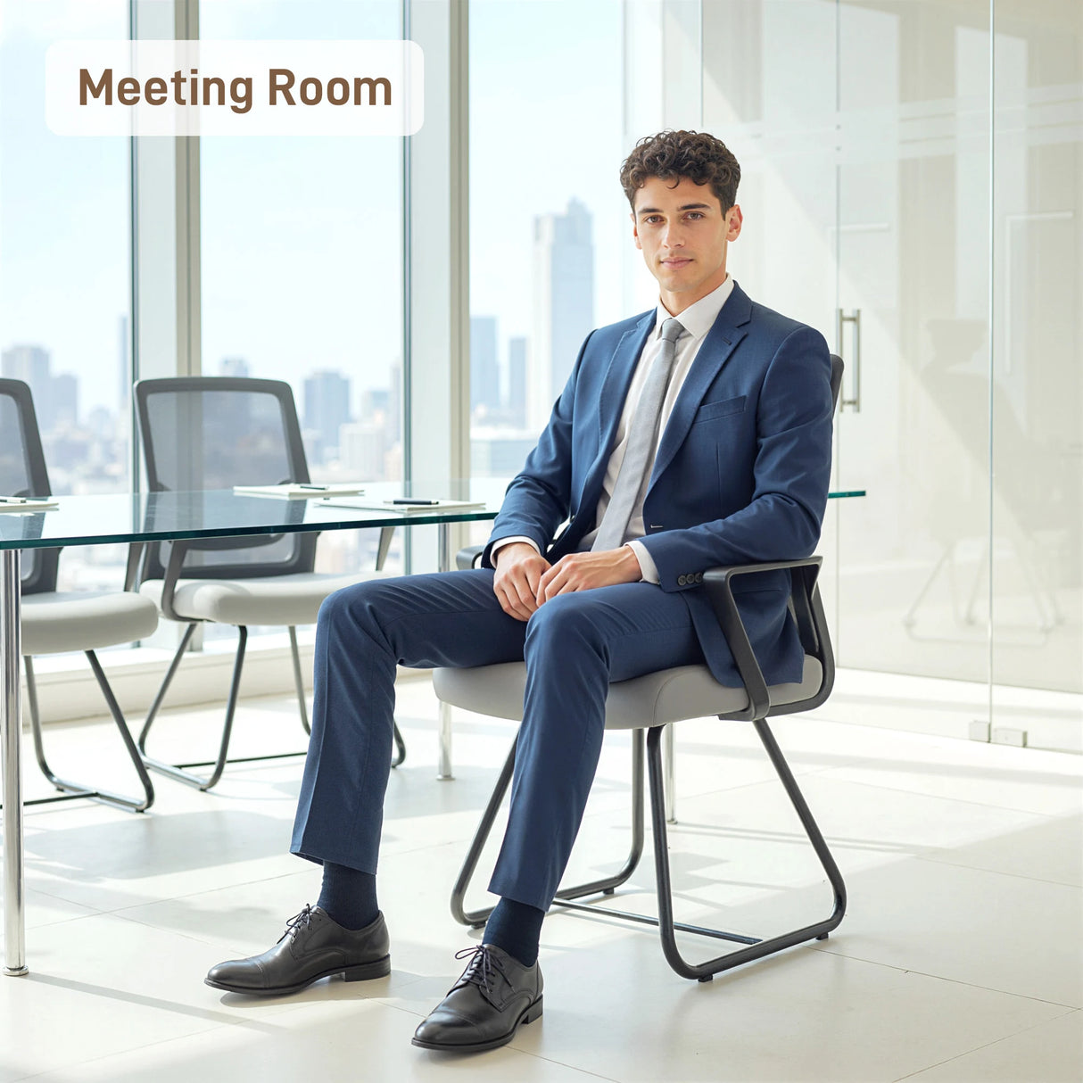 HOMCOM Desk Chair No Wheels, Office Chair with Mesh Back, Lumbar Support, Metal Base for Waiting Room, Conference Room, Dark Grey