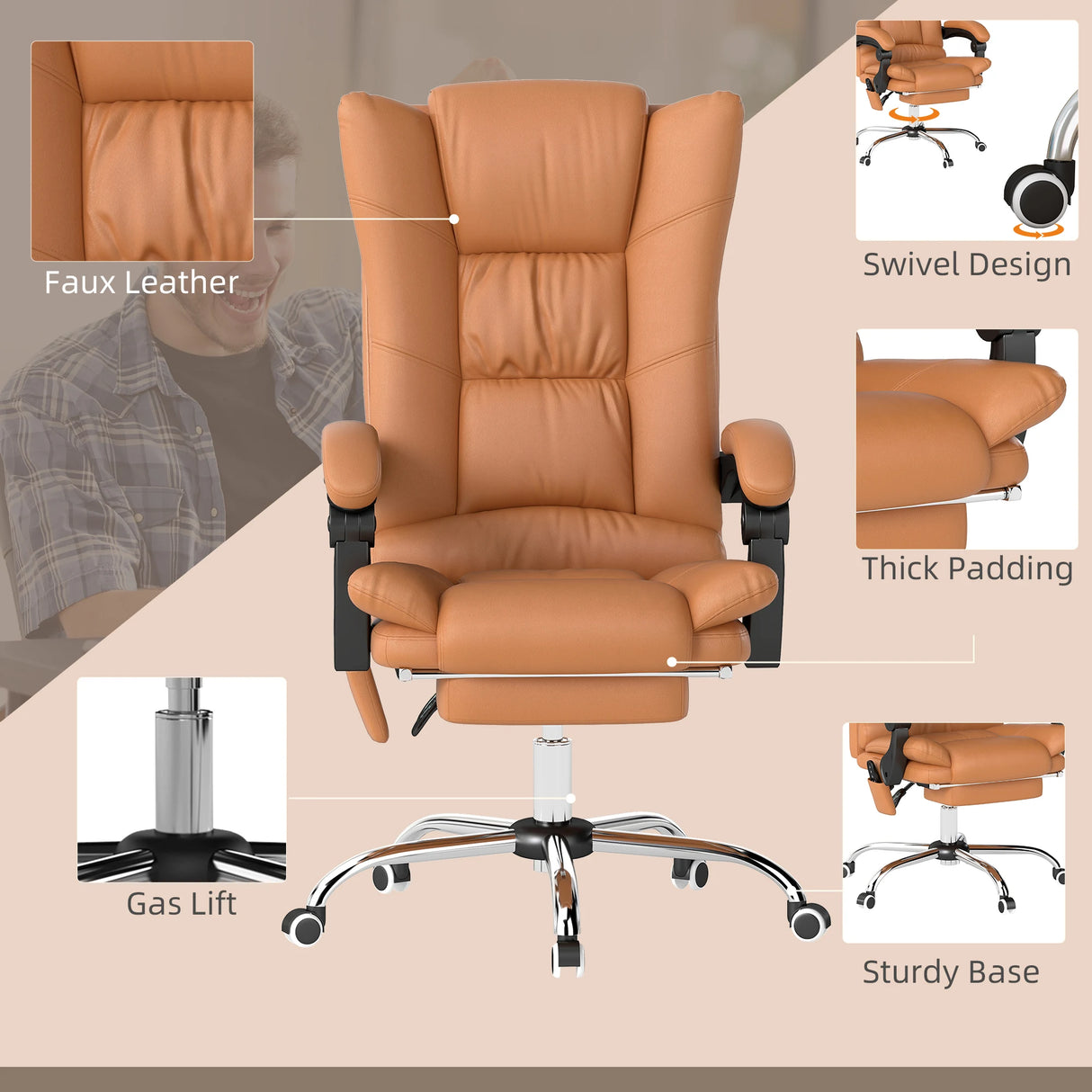 Vinsetto High Back Vibration Massage Office Chair, Heated Reclining PU Leather Computer Chair with 135 Reclining Back and Footrest, Light Brown