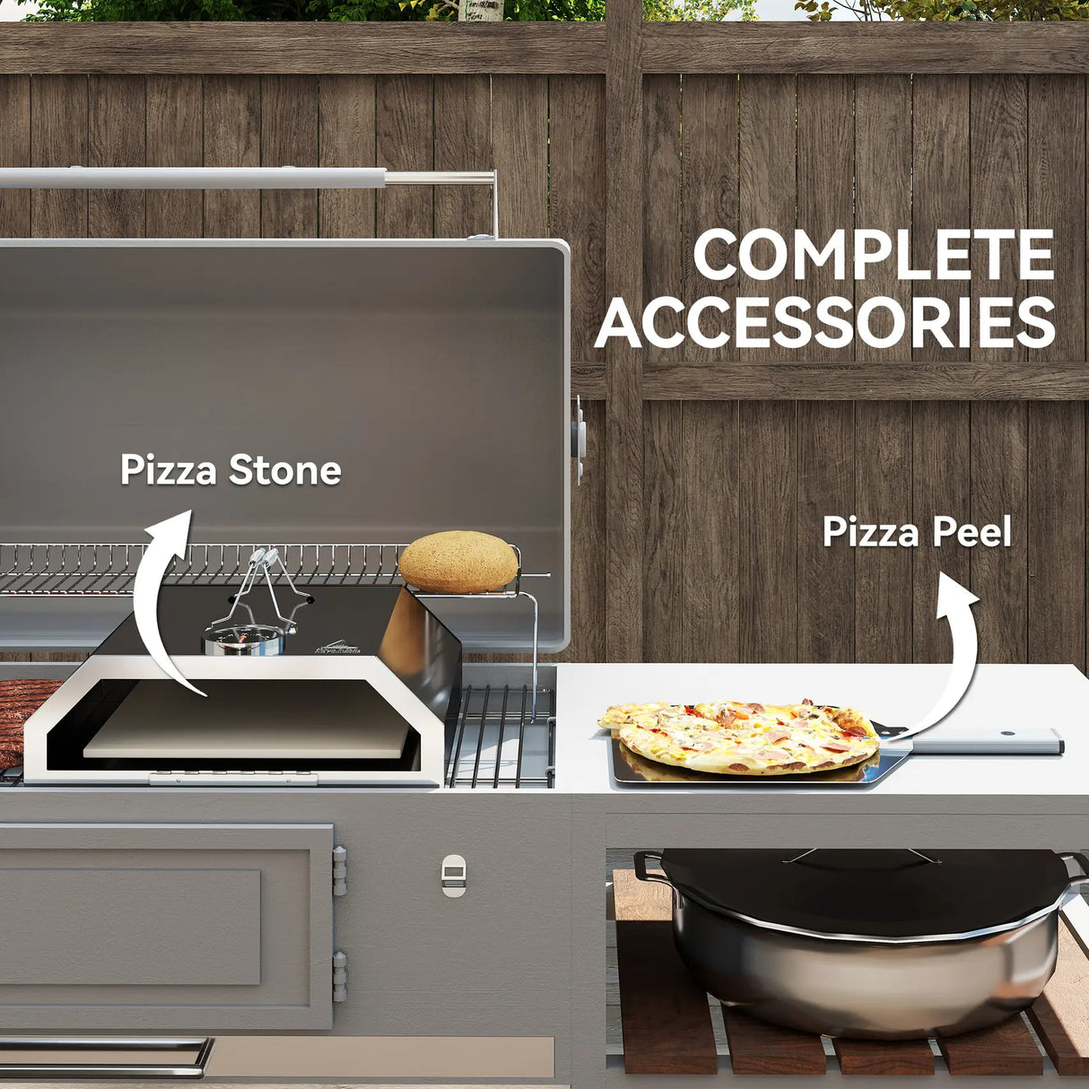 Outsunny 8 in Portable Stainless Steel BBQ Grill Top Pizza Oven with Built-in Thermometer and Viewing Window for Gas and Charcoal BBQ Grills, Includes Carry Handles, Pizza Stone and Peel, Silver Tone