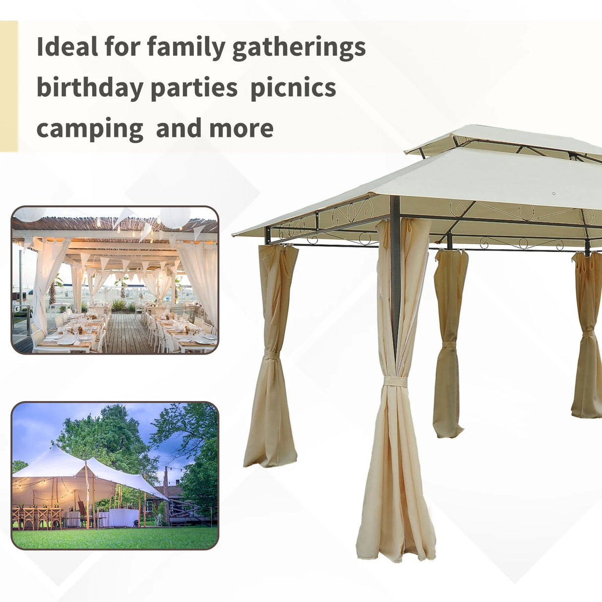 Outsunny 4x3m Gazebo with Curtains, Double Roof Outdoor Shelter for Garden, Solid Steel Frame, Perfect for Lawn & Deck, Beige
