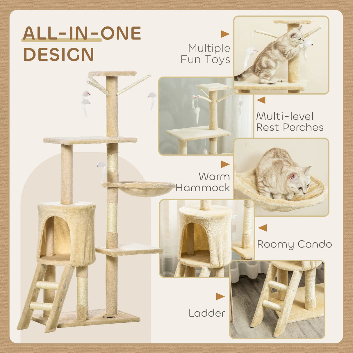 PawHut Multi-Level Cat Tree with Scratching Post, Ladder, Cat House, Beige