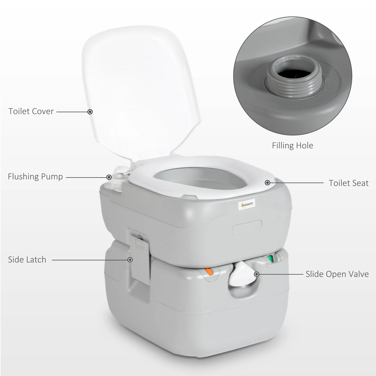Outsunny Portable Toilet for Adults, 22L Camping Toilet with Seat, Lid and Anti-Leak Handle Pump, Outdoor Travel Toilet with Detachable Tanks for Camping, Boating, Hiking, Travel, RV, Grey