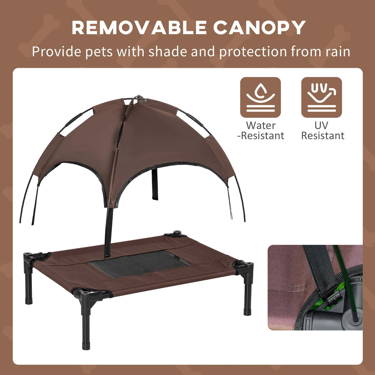 PawHut Raised Dog Bed Waterproof Elevated Pet Cot with Breathable Mesh UV Protection Canopy Brown, for Small Dogs, 61 x 46 x 62cm