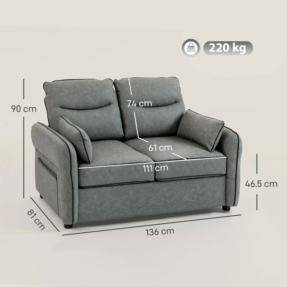 HOMCOM 2 Seater Sofa, Faux Leather Loveseat - Grey
