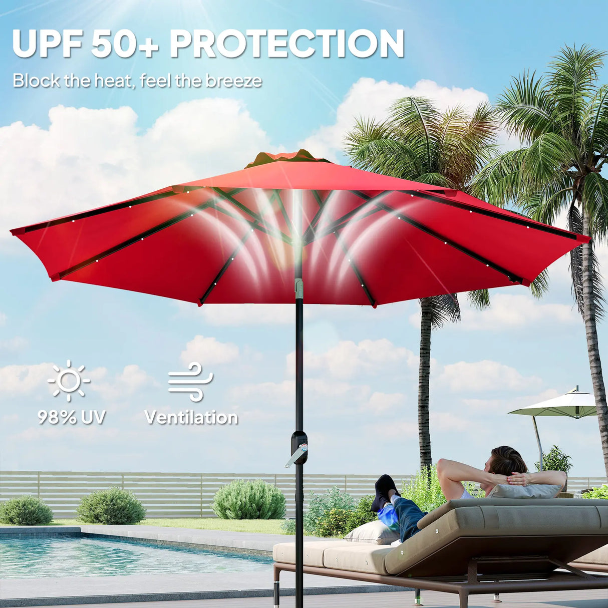 Outsunny 3 m Replacement Parasol Canopy with Top Vent, UPF 50+ Garden Parasol Replacement Canopy, 8 Rib Parasol Cover Replacement Fits Various Frames, Red