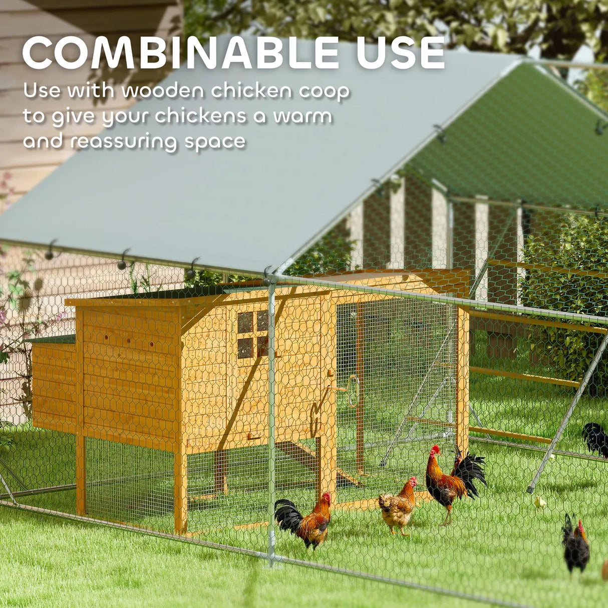 PawHut Walk-in Chicken Run w/ Cover, Feeding Door, Hanging Feeder, Perch, for 12-18 Poultry