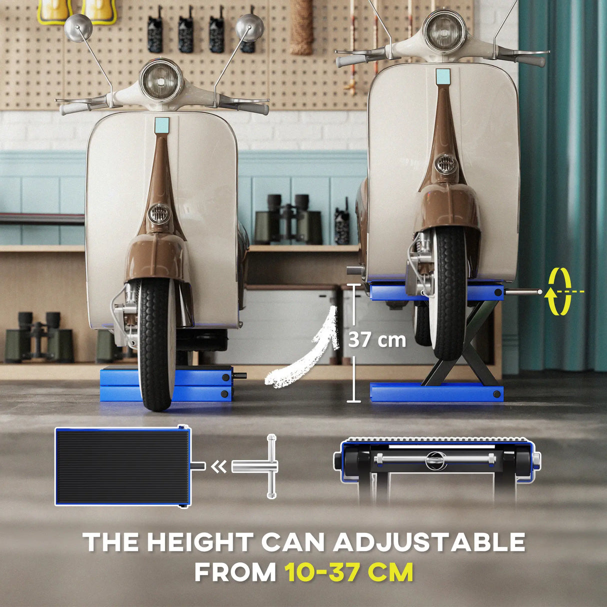 DURHAND 500KG Motorcycle Lift Scissor Jack, Height Adjustable Motorbike Stand with Anti-Slip Wide Deck, Heavy Duty Steel Motorbike Repair Lift Hoist Stand for Home Garage, Blue