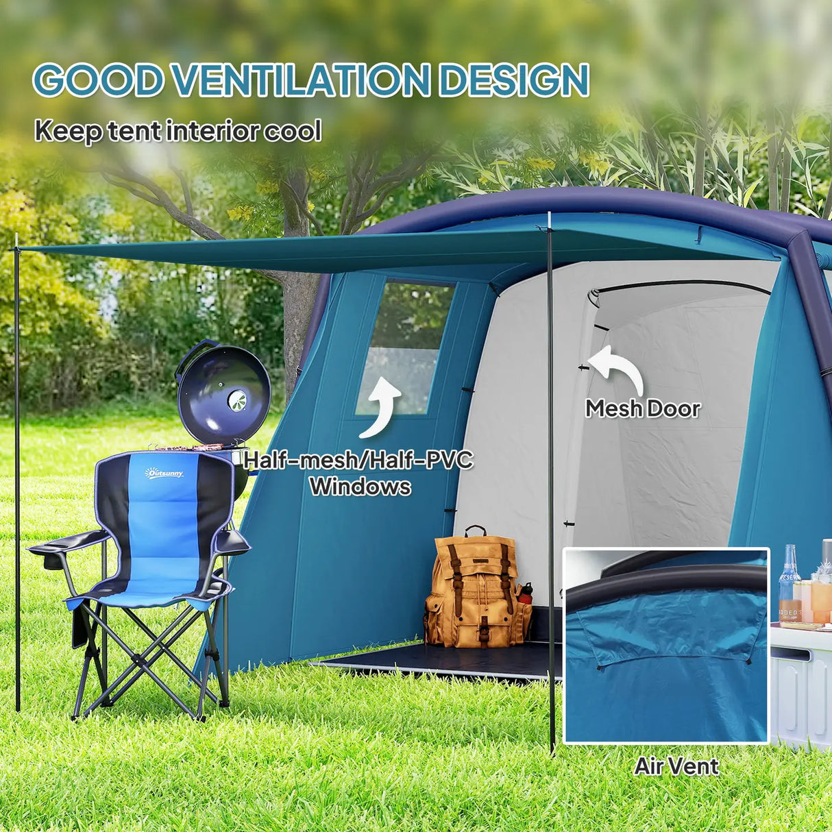 Outsunny Inflatable 3-4 Man Tunnel Tent w/ Air Pump, Living Area & Vestibule, Waterproof Family Camping Air Tent w/ Sewn In Groundsheet & Removable Footprint for Camping, Hiking, Blue