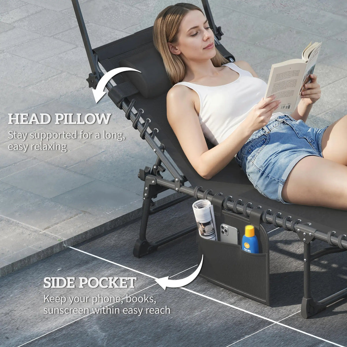 Outsunny Folding Sun Loungers Set of 2 with Canopy, Reclining Sunbed with Cushion, Side Pocket, Carrying Handle, Light Grey