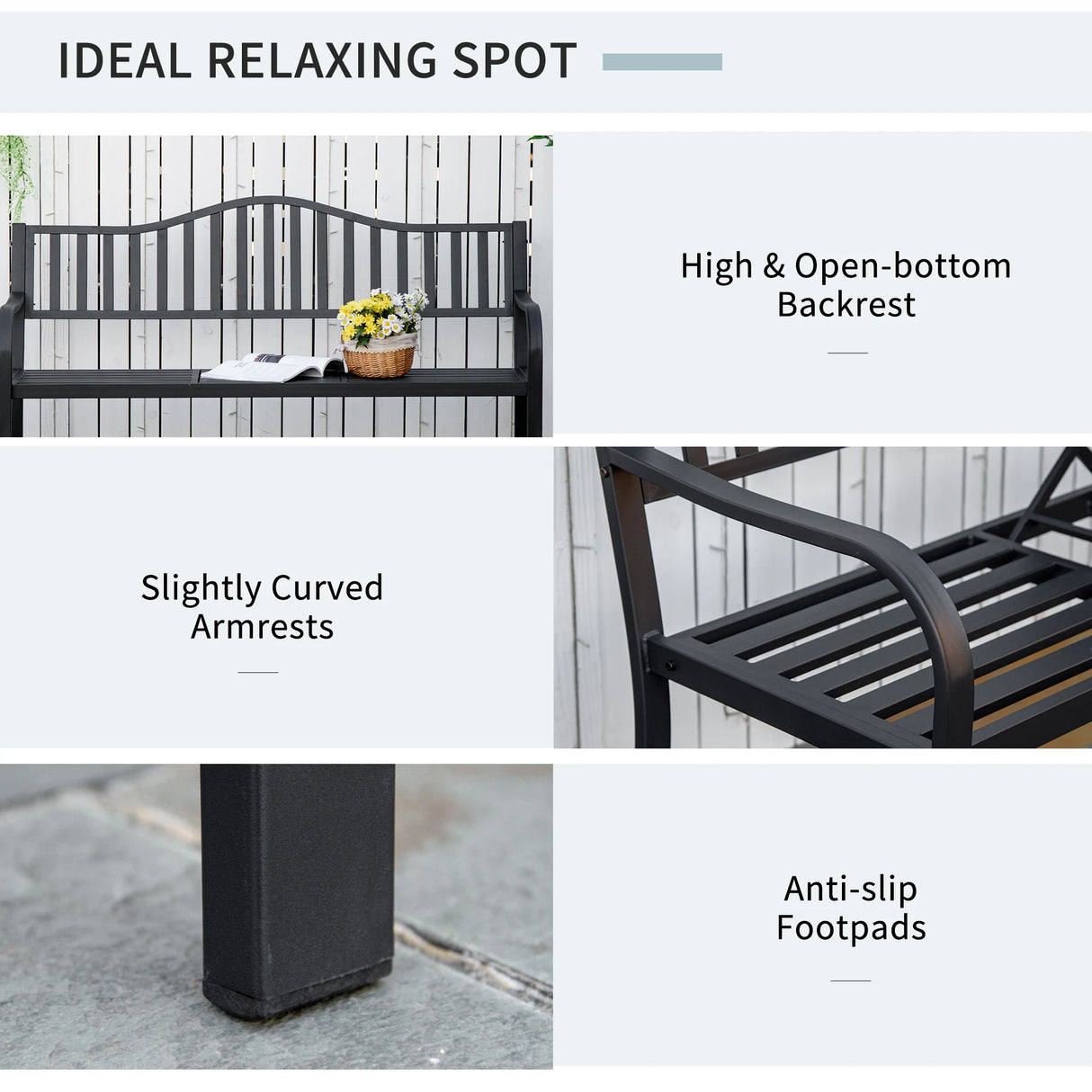 Outsunny Metal Outdoor Bench with Liftable Middle Table, Patio Loveseat, Garden Bench for Garden, Porch, Seats 23 People, Black
