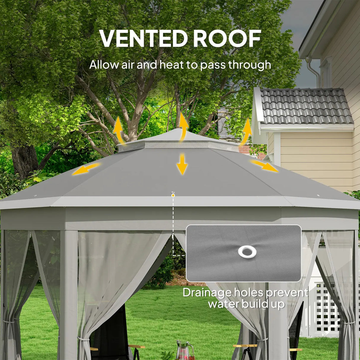 Outsunny 3 x 4m Garden Gazebo Hexagon Pop Up Gazebo Party Tent Canopy Double Roof Instant Shelter with Netting and Carry Bag for Outdoor Patio, Dark Grey