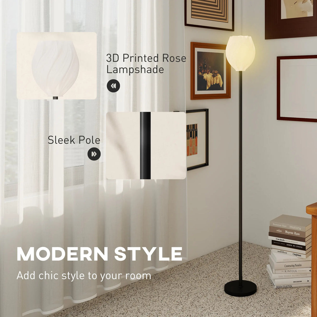 HOMCOM Flower Floor Lamp for Living Room, 3D Printed Modern Standing Lamp with Rose Shade & Foot Switch, Minimalist Tall Pole Lampshade for Bedroom, Office, E27 Holder without Bulb (25W Max), White