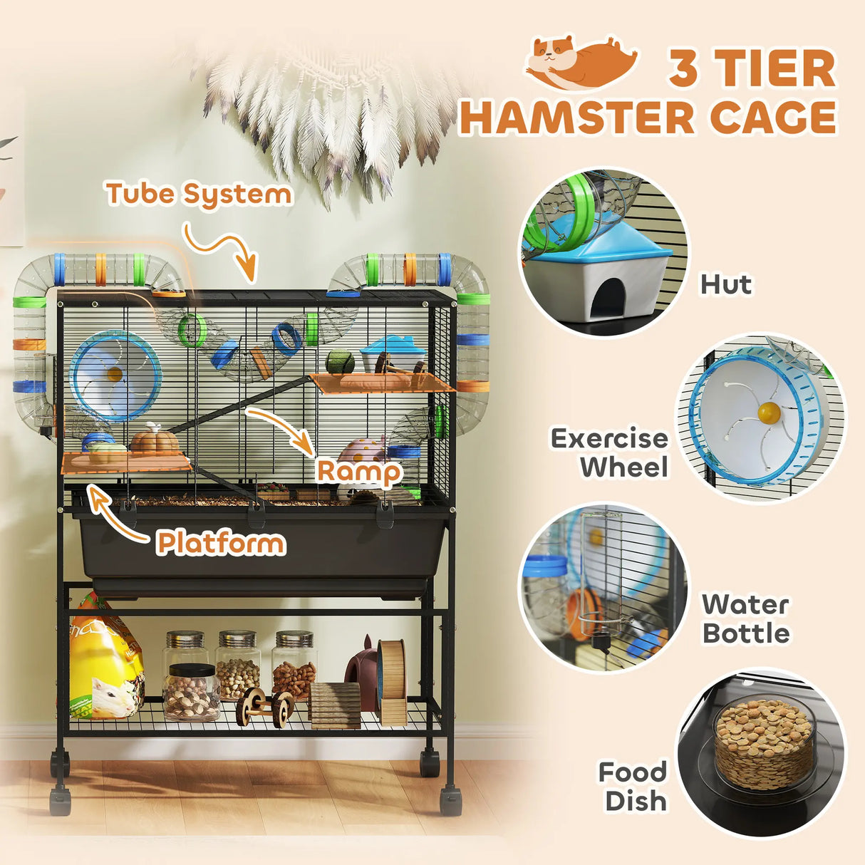 PawHut 3 Tier Large Hamster Cage on Wheels with 17 cm Deep Tray, Storage Shelf for Syrian, Gerbil, Rats