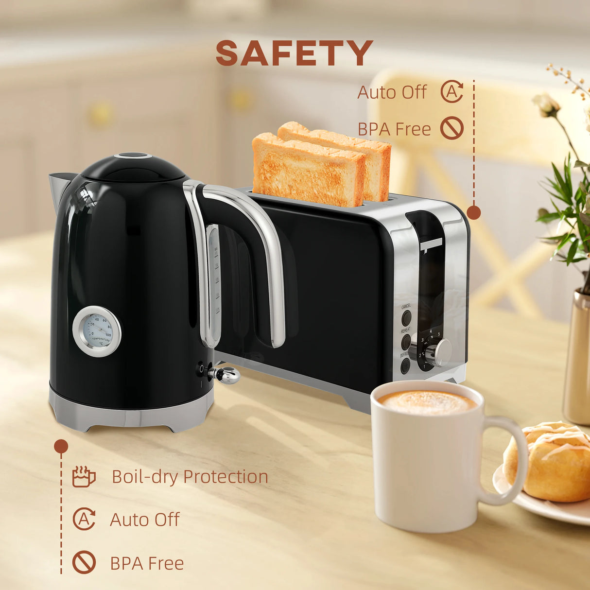 HOMCOM Retro Toaster and Kettle Set - Black