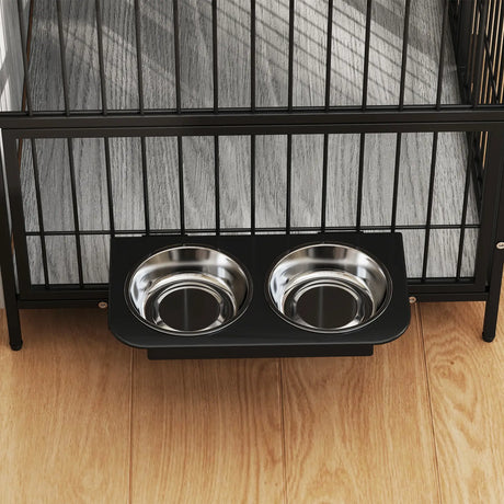 PawHut Dog Crate Furniture with Rotating Bowl Holder, 2 Bowls, 2 Doors, for Medium Dogs, 80 x 56 x 76.5 cm, Grey