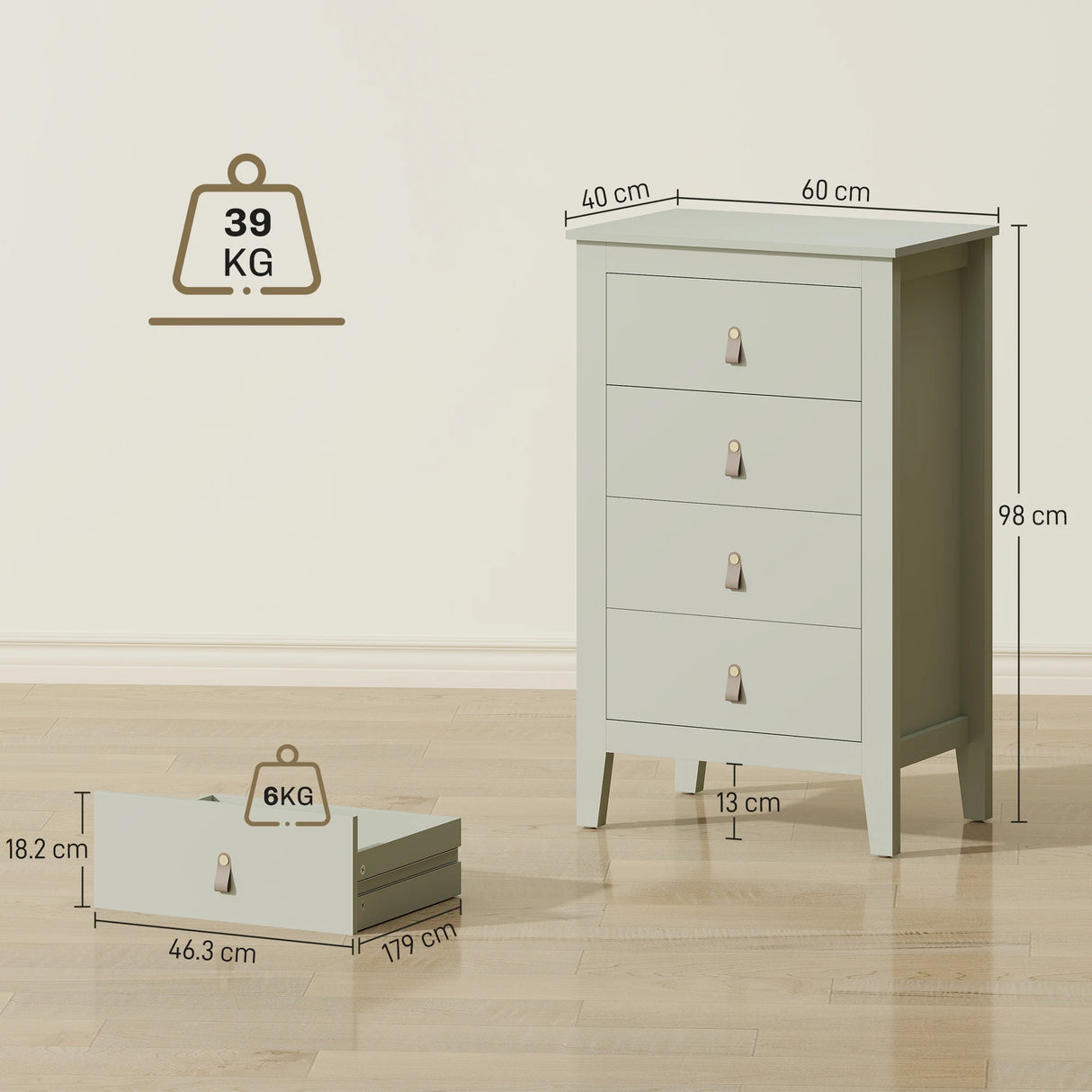 HOMCOM Bedroom Chest of Drawers, Modern 4 Drawer Dresser Cabinet with PU Leather Handles and Metal Runners for Living Room, Hallway, Entryway, Green