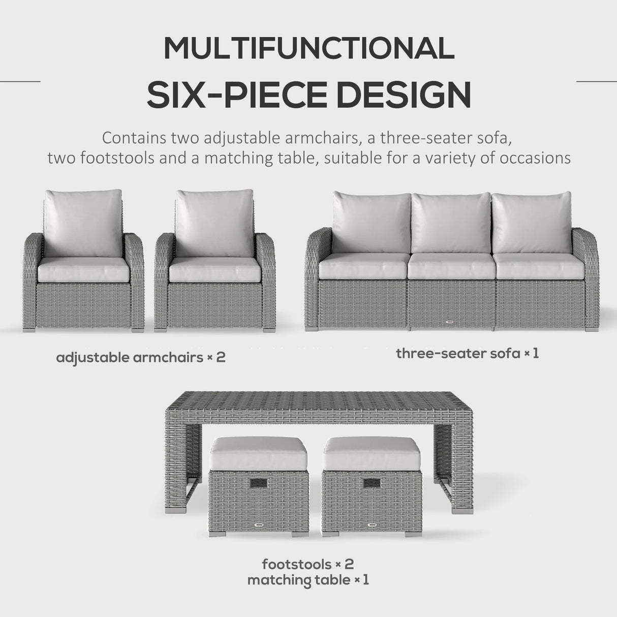 Outsunny Six-piece Outdoor Rattan Dining Set, Outdoor Sofa Set with Reclining Armchairs and Mental Frame, Grey