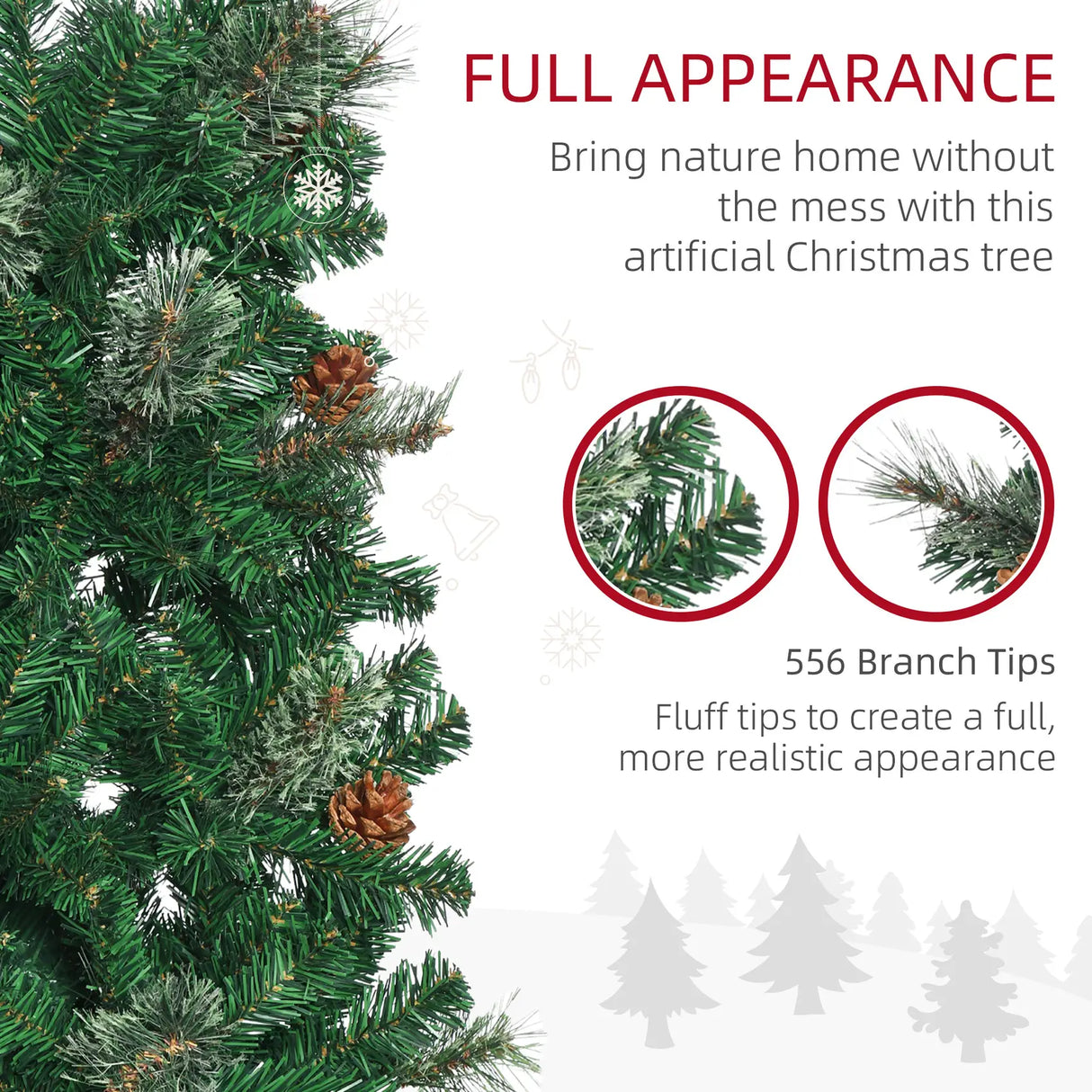 HOMCOM 6.5FT Tall Pencil Slim Artificial Christmas Tree with Realistic Branches, Tip Count and Pine Cones, Pine Needles Tree, Xmas Decoration, Green