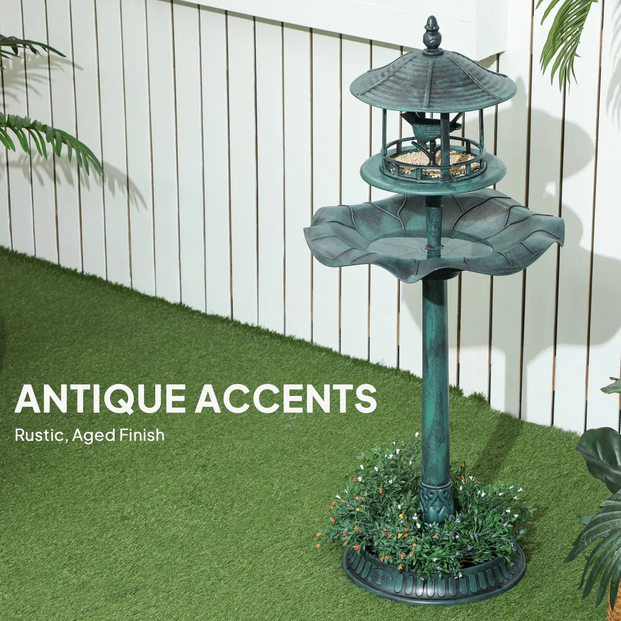 Outsunny 3-in-1 Garden Bird Bath, Freestanding Birdbath with Large Water Basin, Underneath Flower Planter, 50 x 113 cm, Green