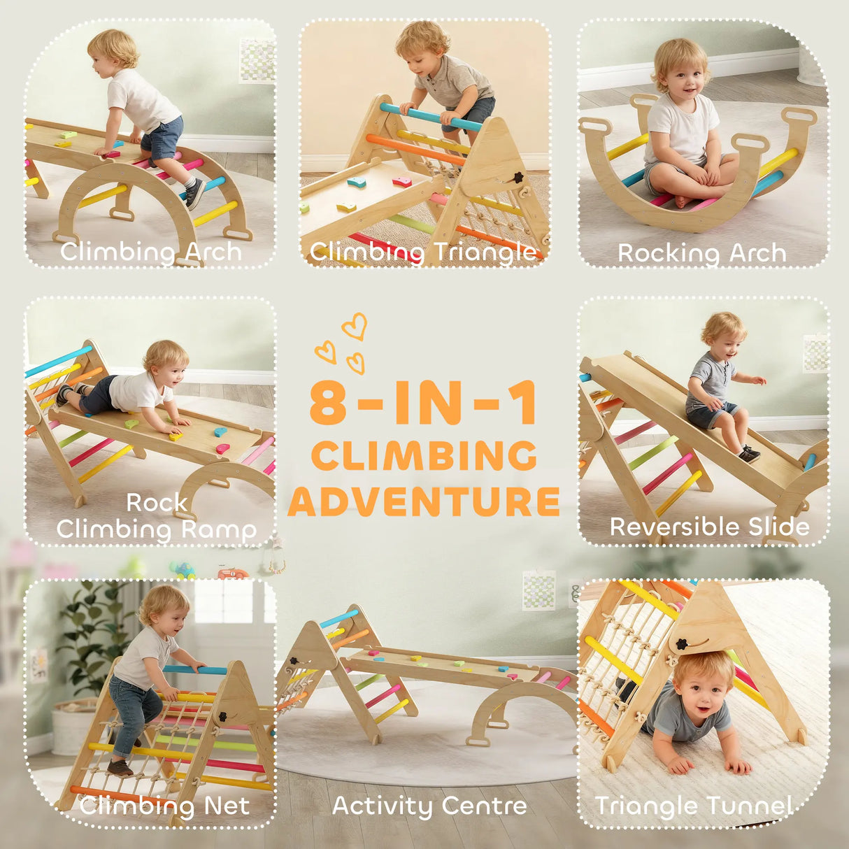 AIYAPLAY 8-in-1 Toddler Climbing Frame, Indoor Play Triangle Set with Slide, Arch and Triangle Ladder, Multicolour