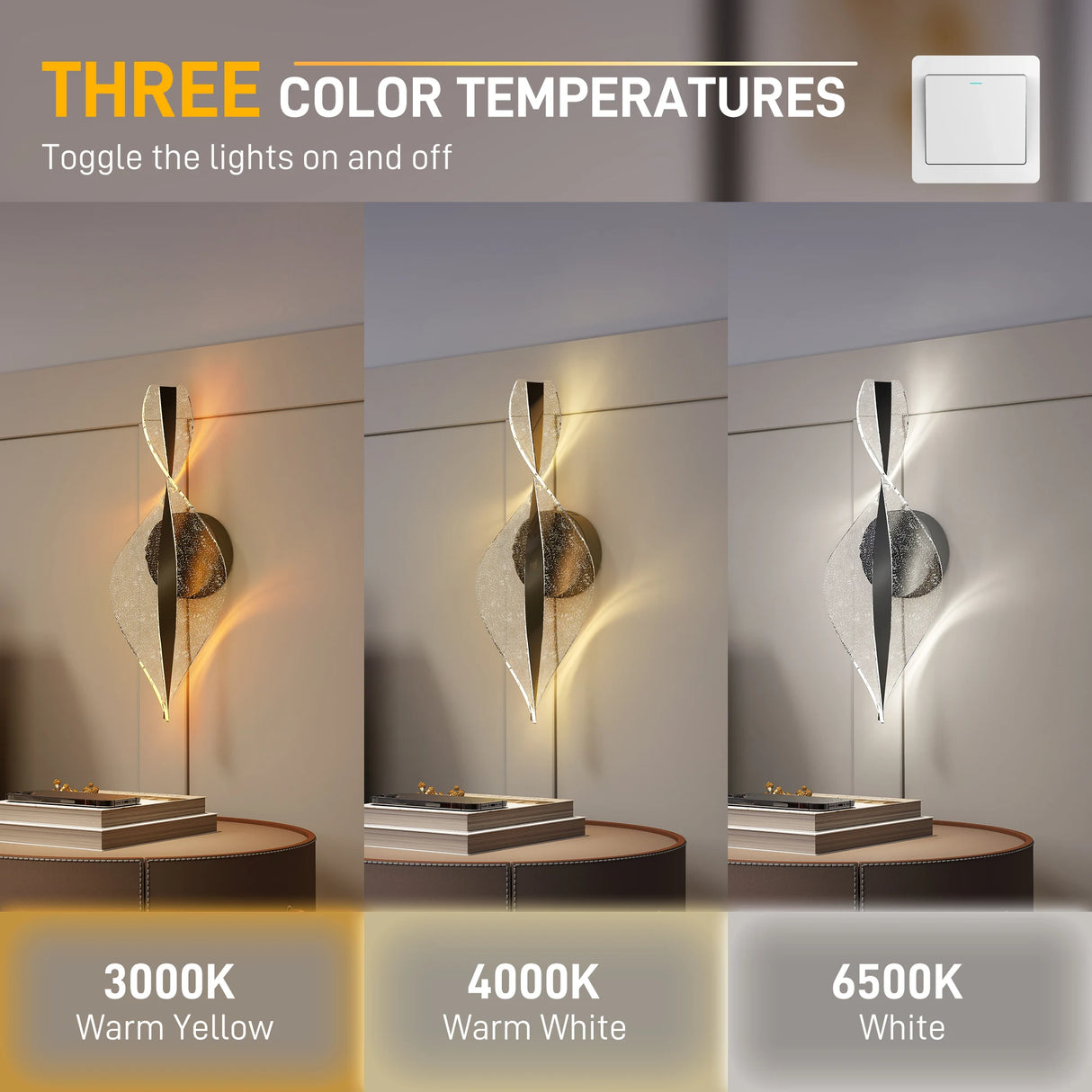 HOMCOM Led Wall Lamp 2 Pack, 13W Modern Indoor Spiral Wall Light, Colour Temperature Adjustable 3000K/4000K/6500K, for Bedroom, Living Room, Hallway, Stairs, Black