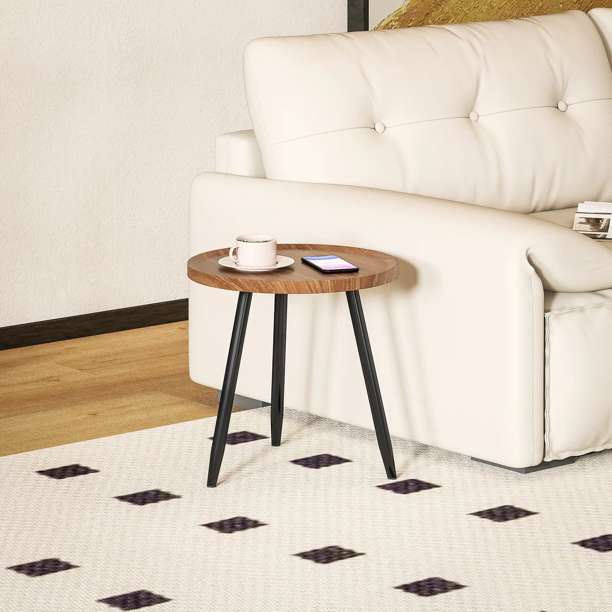 HOMCOM Modern Round Coffee Table with Steel Frame for Small Space, Sofa Beside, Living Room, Bedroom, Chestnut Wood Effect