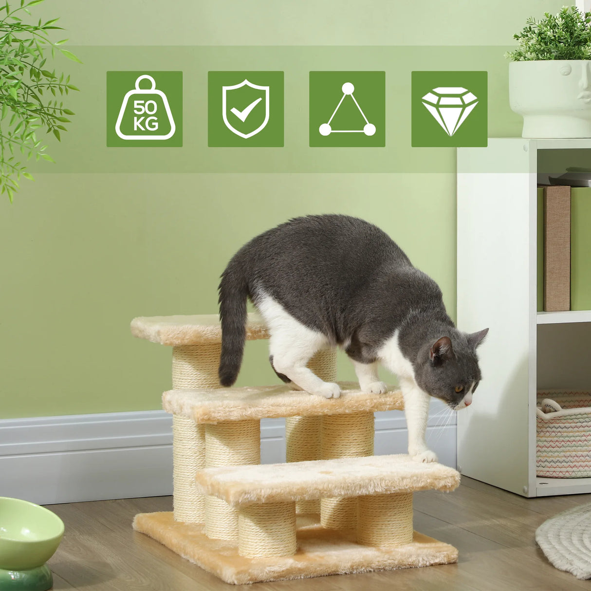 PawHut Pet Stairs 3-step Pet Ladder Cat dog Stairs Climb Ladder Cat Tree, Beige