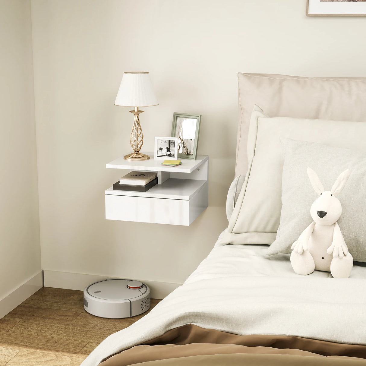 HOMCOM Floating High Gloss Bedside Table - High Gloss White