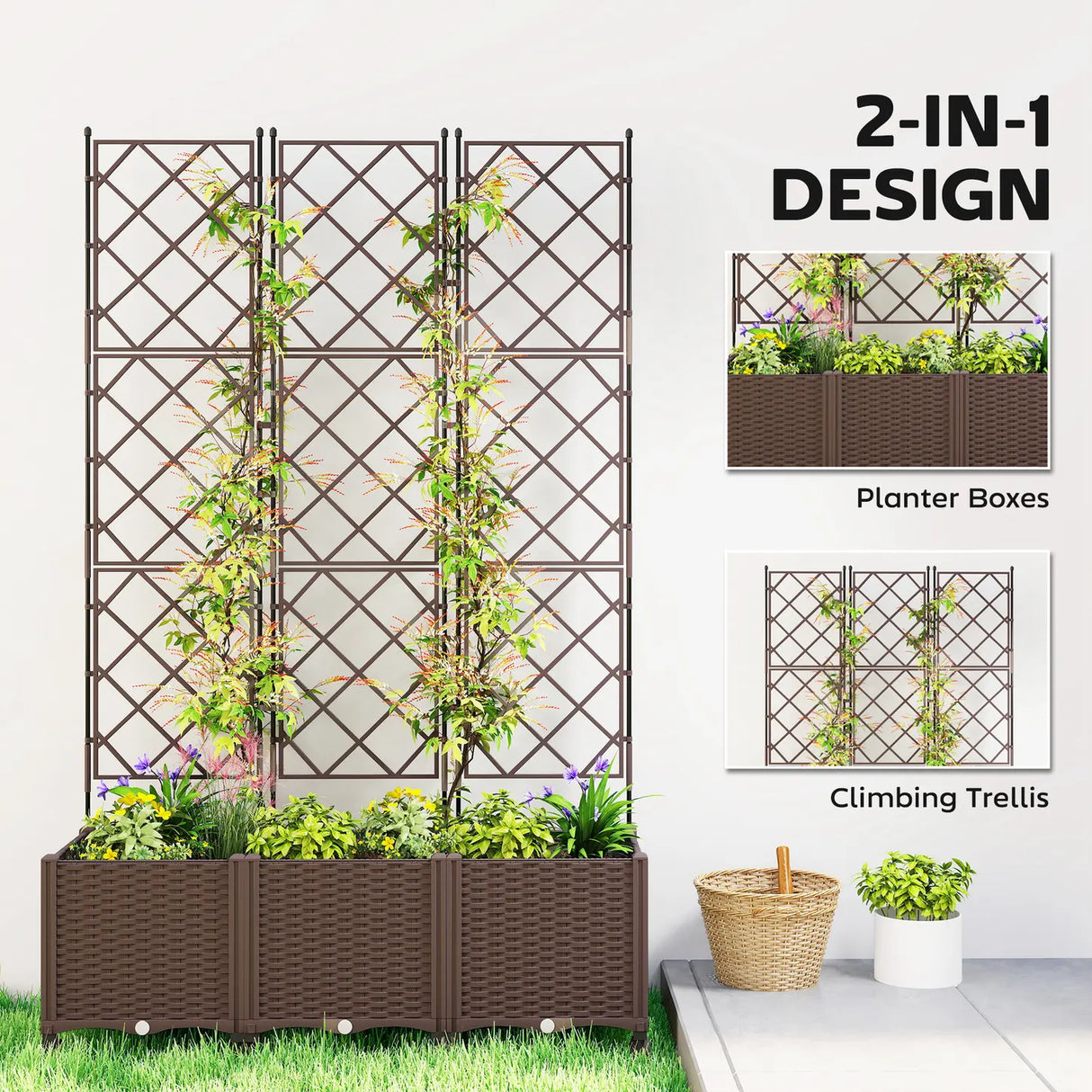 Outsunny Plastic Raised Planter with Trellis, Self Watering Raised Bed for Garden with Wheels, Drainage Holes and Plugs
