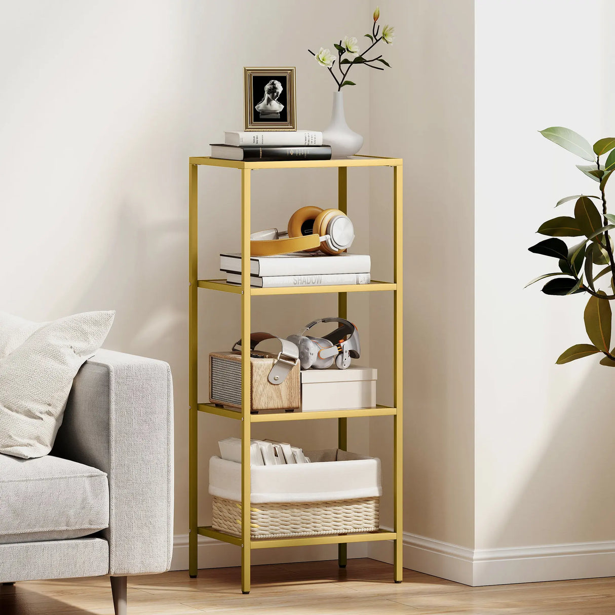 HOMCOM 4-Tier Shelving Unit, Glass Shelf, Vertical Storage Shelf for Living Room, Home Office, Bedroom, Bathroom, Gold Tone