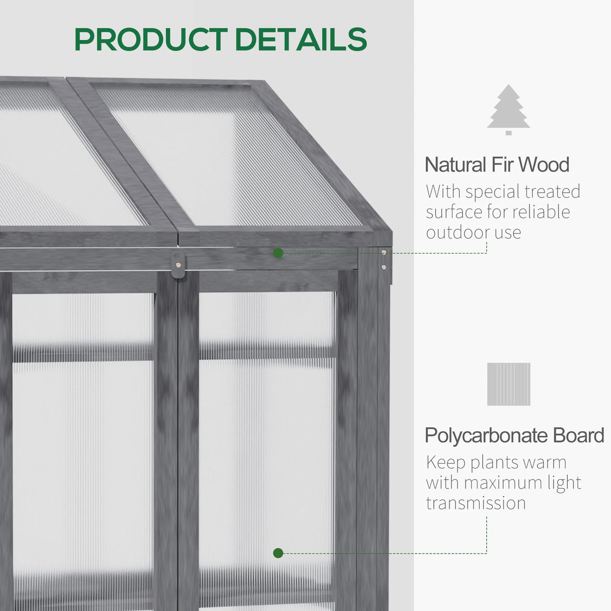 Outsunny Wooden Cold Frame Polycarbonate Greenhouse with Openable Top Cover and Double Door, Grow House for Flower, Vegetable and Plants, 70 x 50 x 120cm, Grey
