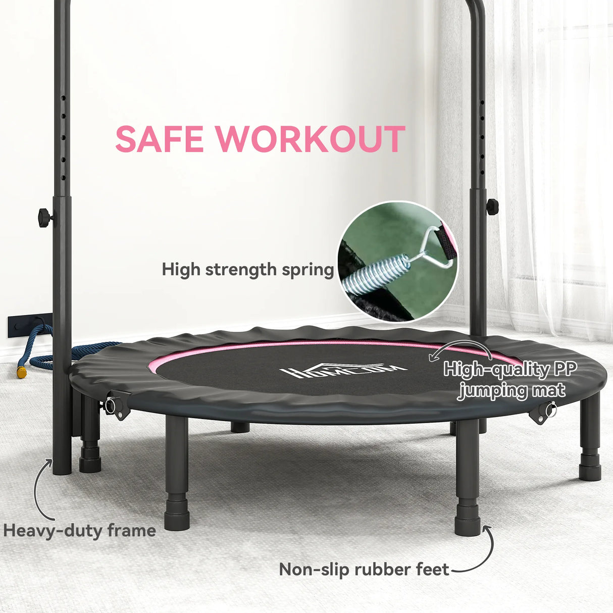 HOMCOM 45" Foldable Mini Fitness Trampoline, with Adjustable Foam Handle, Pink