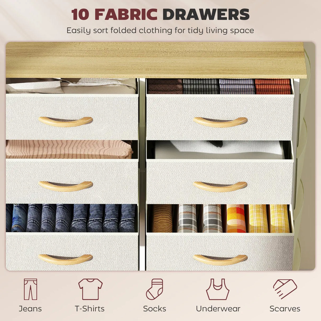 HOMCOM Chest of Ten Fabric Drawers - Beige