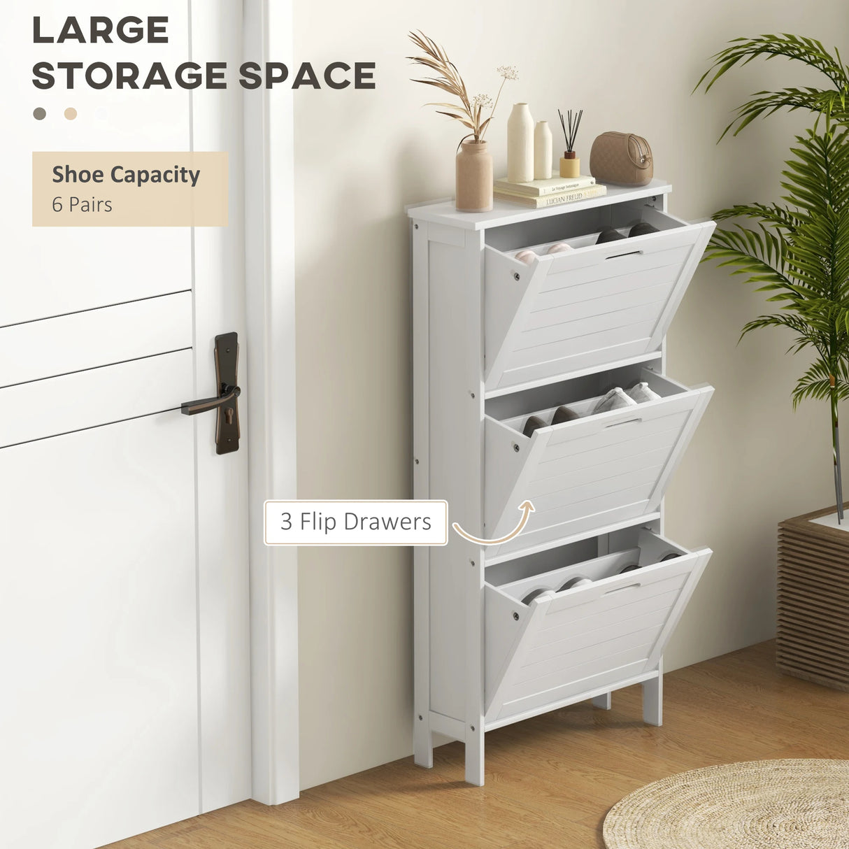 HOMCOM Narrow Shoe Cabinet with 3 Flip Drawers - White