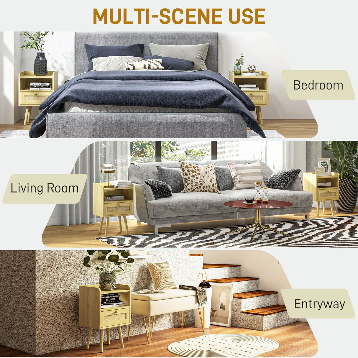 HOMCOM Set of Two Rattan Weave Bedside Tables - Wood Effect