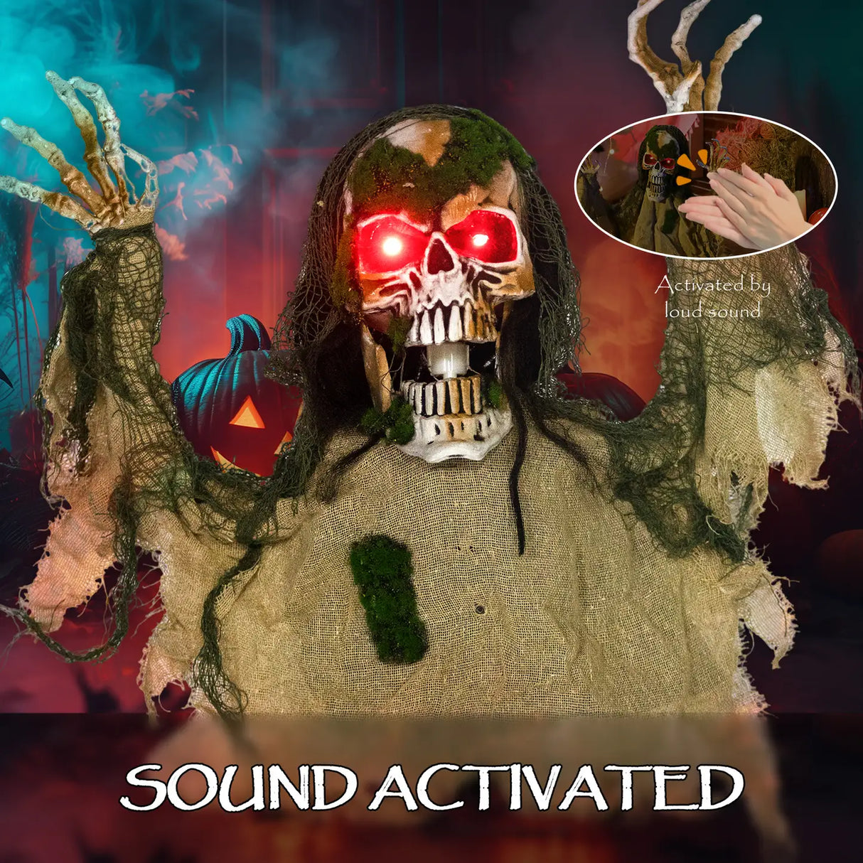 Outsunny Halloween Animated Skeleton with Glowing LED Eyes, Half-Body Scary Halloween Decorations, Battery Operated, Indoor Party Props