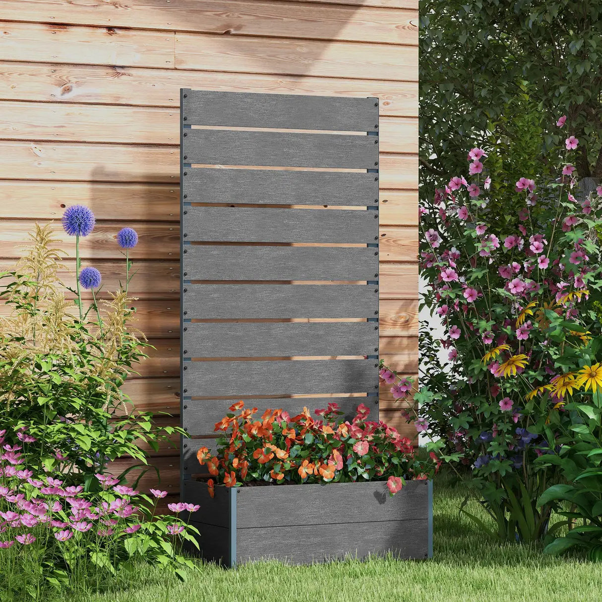 Outsunny Garden Planter with Trellis Wooden Planter for Garden & Patio Family Use, Grey