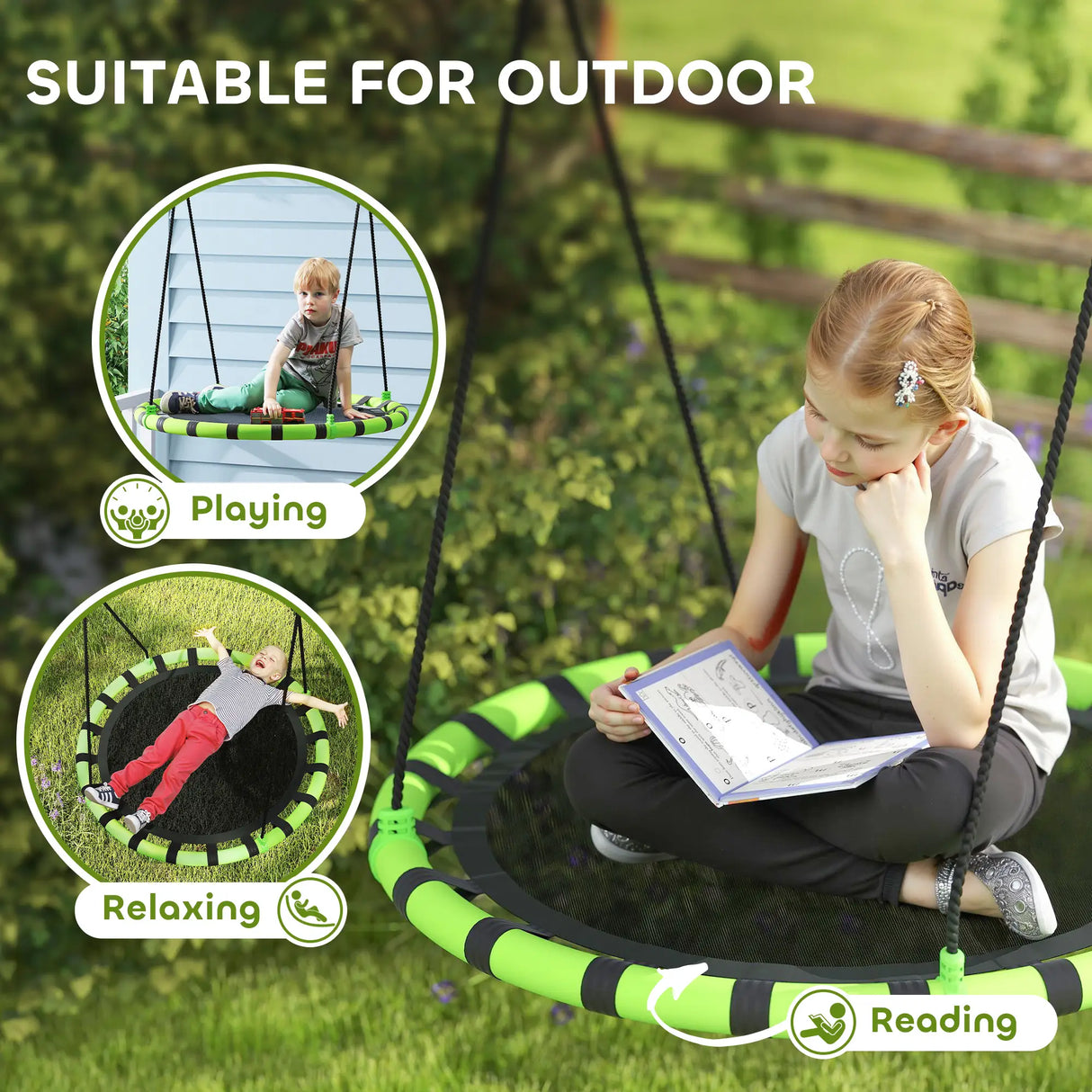 AIYAPLAY 100cm Diameter Kid Nest Swing Seat with Height Adjustable Ropes for Outdoor, Indoor, Black/Green