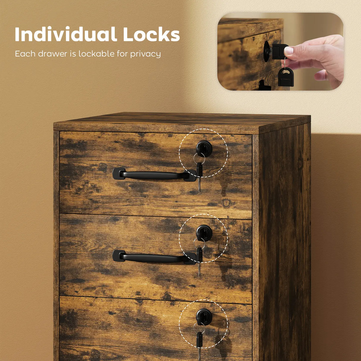 HOMCOM Three Drawer Wood-Effect Filing Cabinet - Rustic Brown