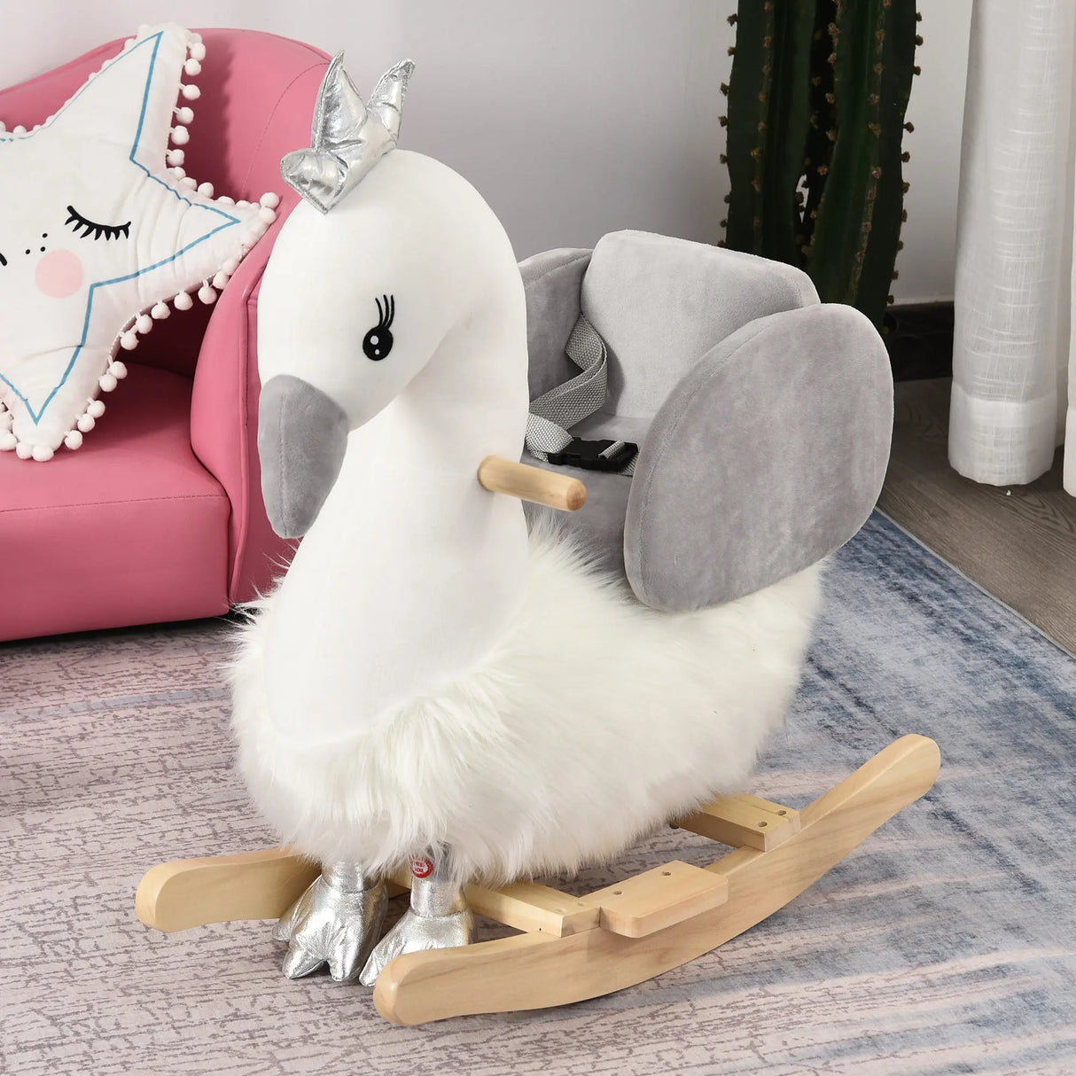 HOMCOM Kids Rocking Horse, Children Plush Ride On Swan Animal Rocker w/ Sound, Wood Base Seat, Safety Belt, Baby Toy Rocker for Toddler 18 - 36 Months, White and Grey