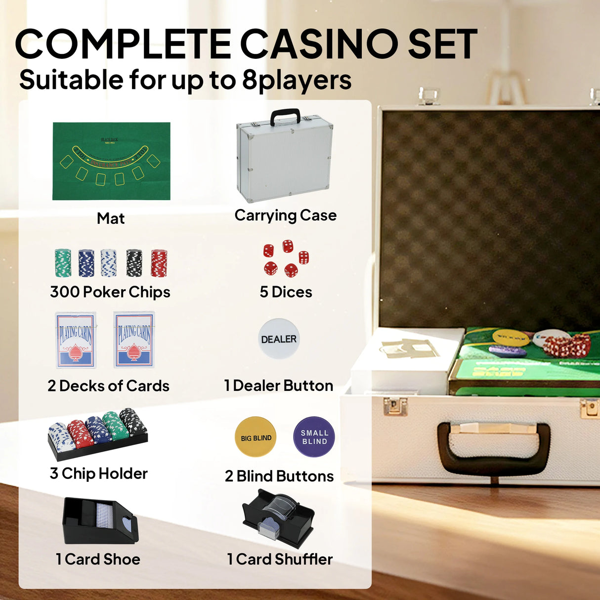 SPORTNOW 300-Piece Poker Chips Set with Card Shuffler, Card Shoe, Case, Casino Texas Holdem Poker Set with Mat, Silver Tone