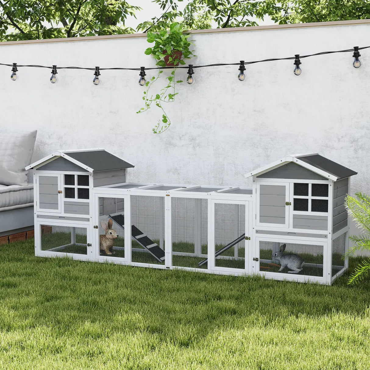 PawHut 2 in 1 Rabbit Hutch Outdoor Guinea Pig Hutch Bunny Run Double Main House with Run, No-Leak Tray 259 x 64 x 92cm, Grey