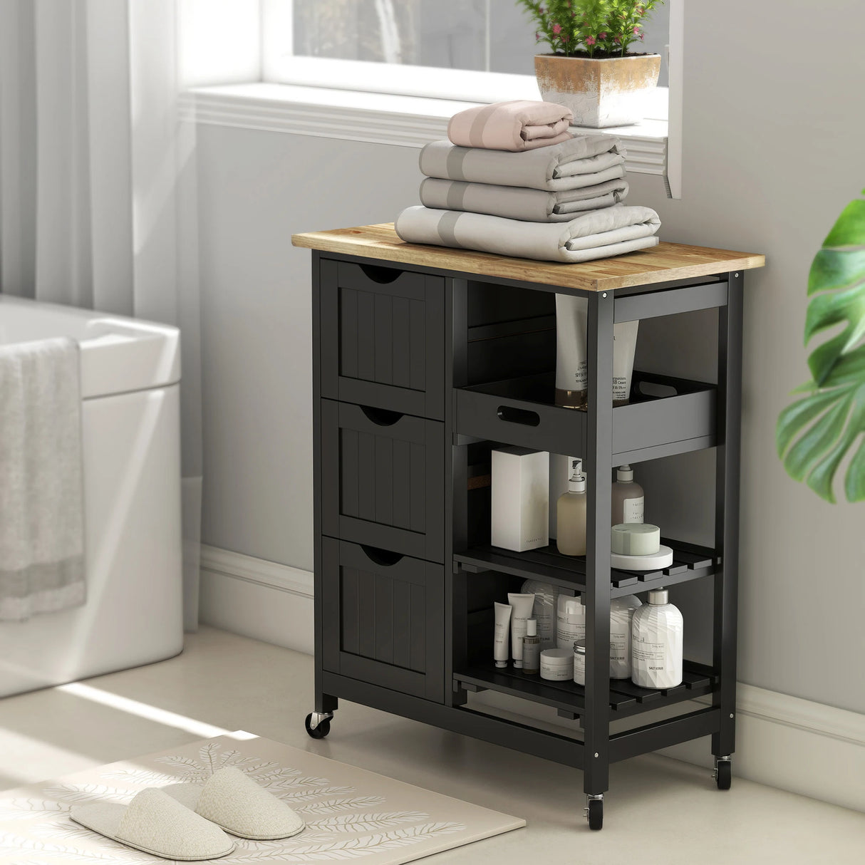 HOMCOM Rolling Kitchen Island Cart, Bar Serving Cart, Compact Trolley on Wheels with Wood Top, Shelves & Drawers for Home Dining Area, Black